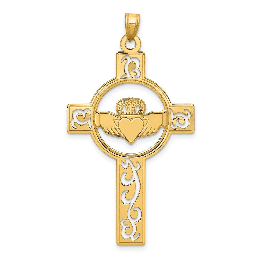 14k Yellow Gold 26 mm Laser Cut Claddagh Cross Charm (1.68 grams)
