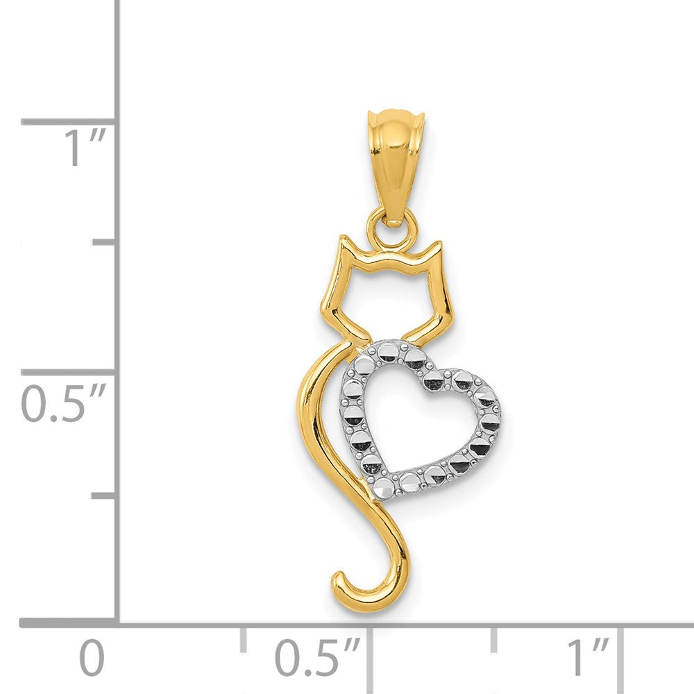 14k and White Rhodium Polished Cat with Heart Pendant (0.45 grams)
