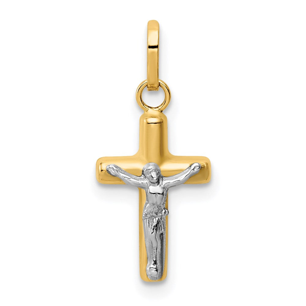 14k w/Rhodium Polished Hollow Crucifix Charm (0.42 grams)
