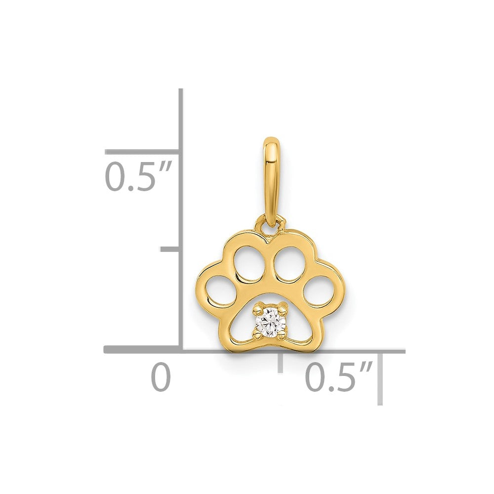 14k Yellow Gold 10 mm Polished CZ Paw Print Pendant (0.42 grams)