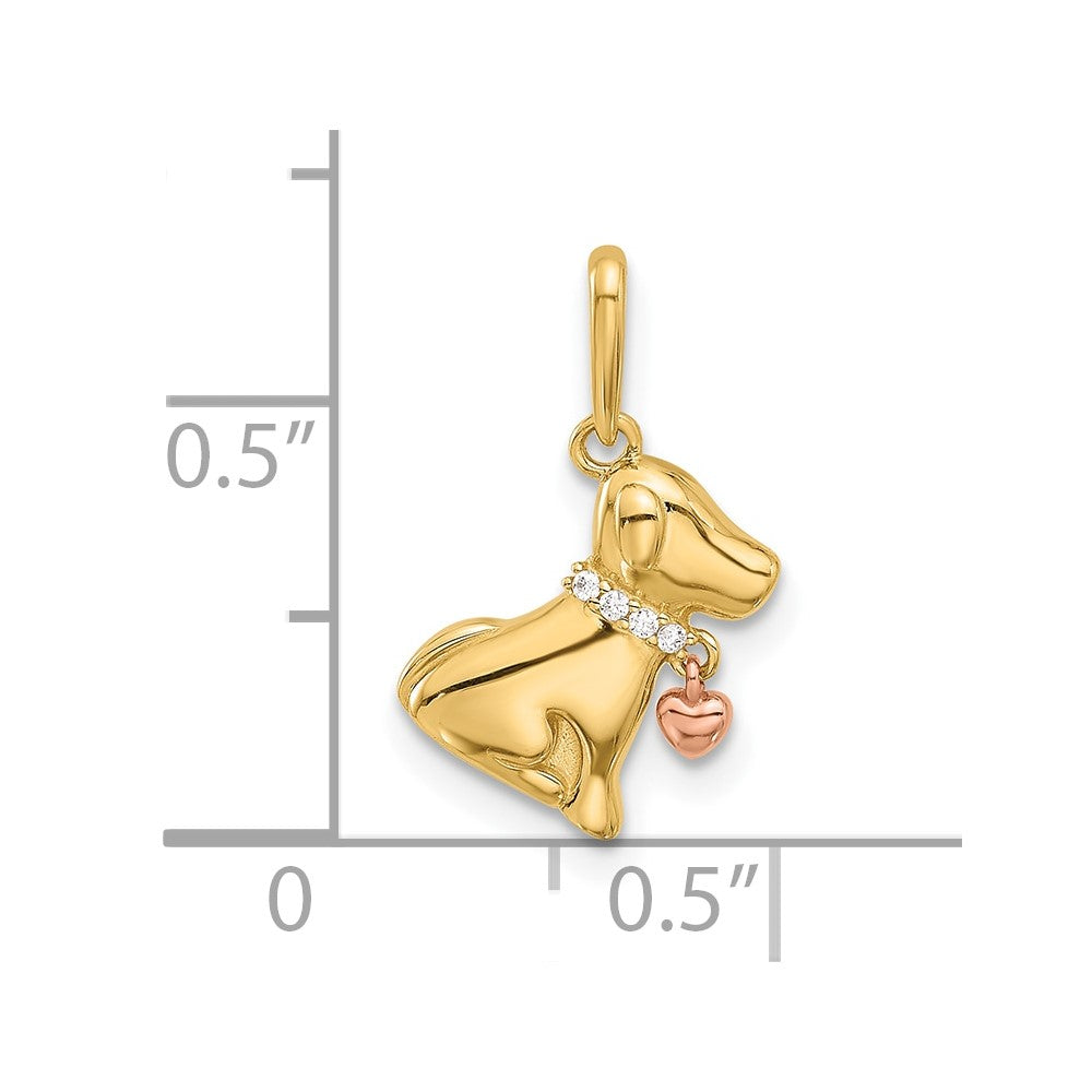 14k Two-tone 9 mm Polished CZ Dog w/Heart Dangle Pendant (0.82 grams)