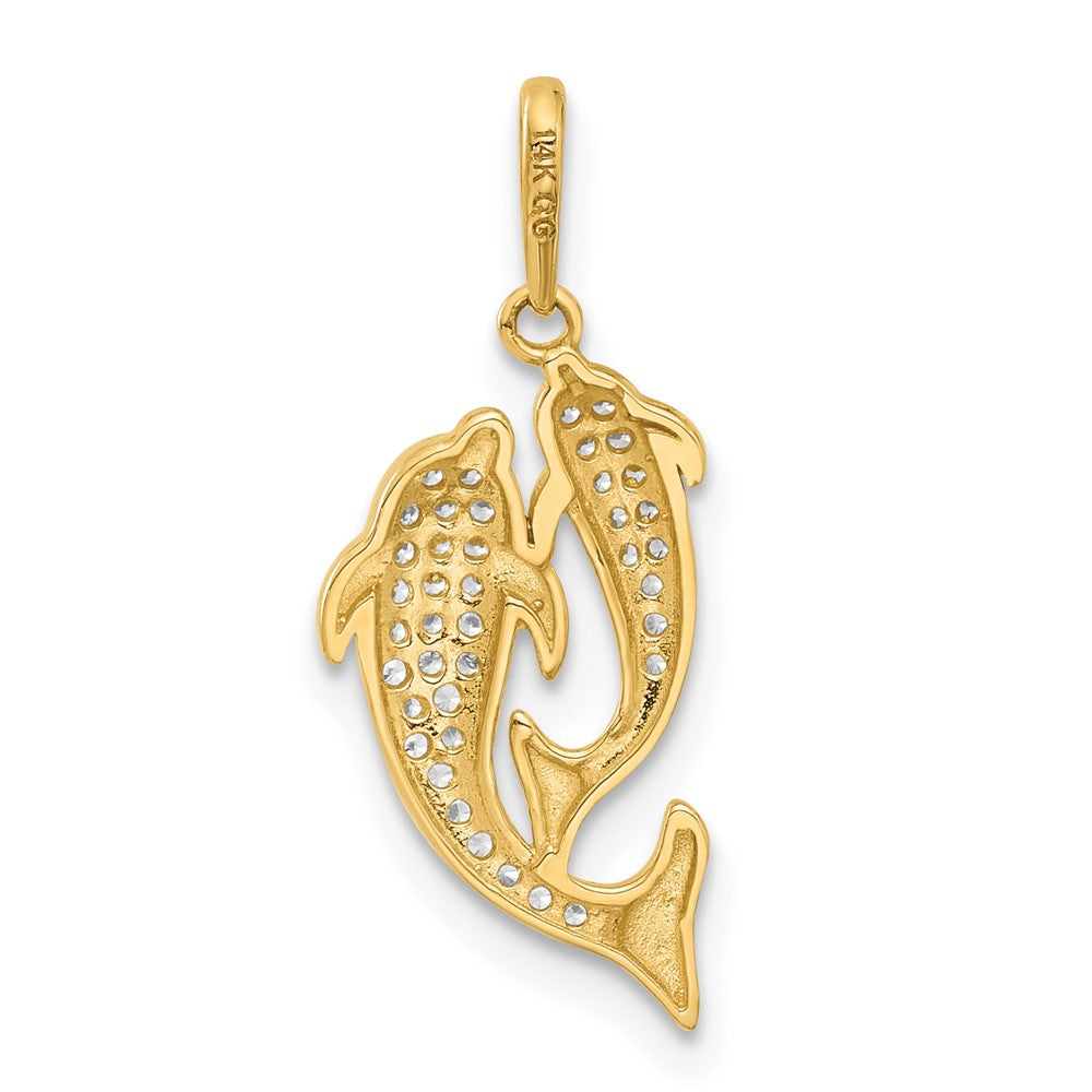 14k Yellow Gold 10 mm Polished CZ Two Dolphins Pendant (0.87 grams)