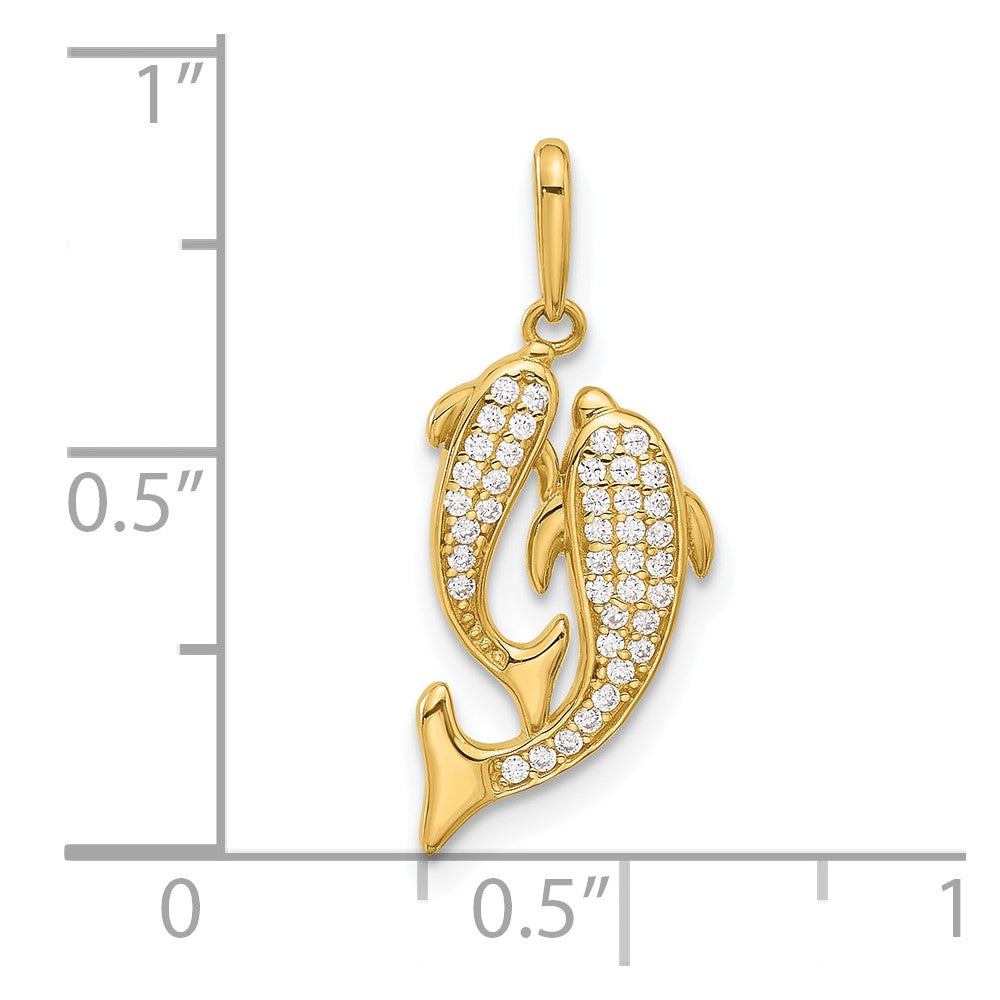 14k Yellow Gold 10 mm Polished CZ Two Dolphins Pendant (0.87 grams)