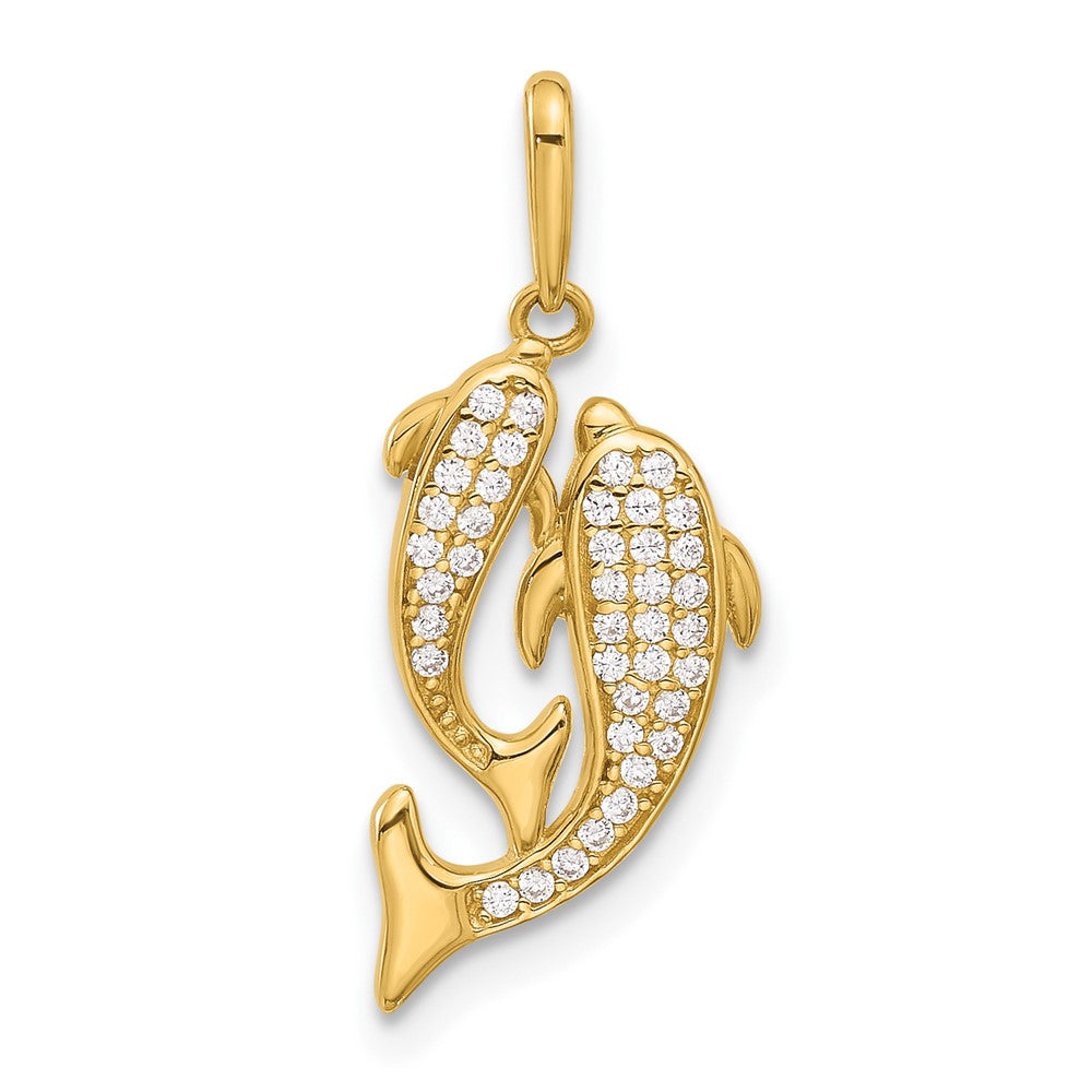 14k Yellow Gold 10 mm Polished CZ Two Dolphins Pendant (0.87 grams)
