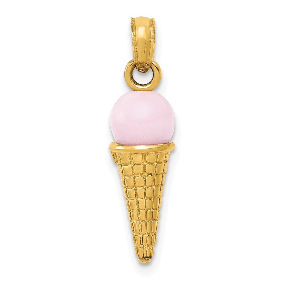 14k Yellow Gold 6 mm Satin Polished 3D Pink Quartz Ice Cream Cone Charm (1.41 grams)
