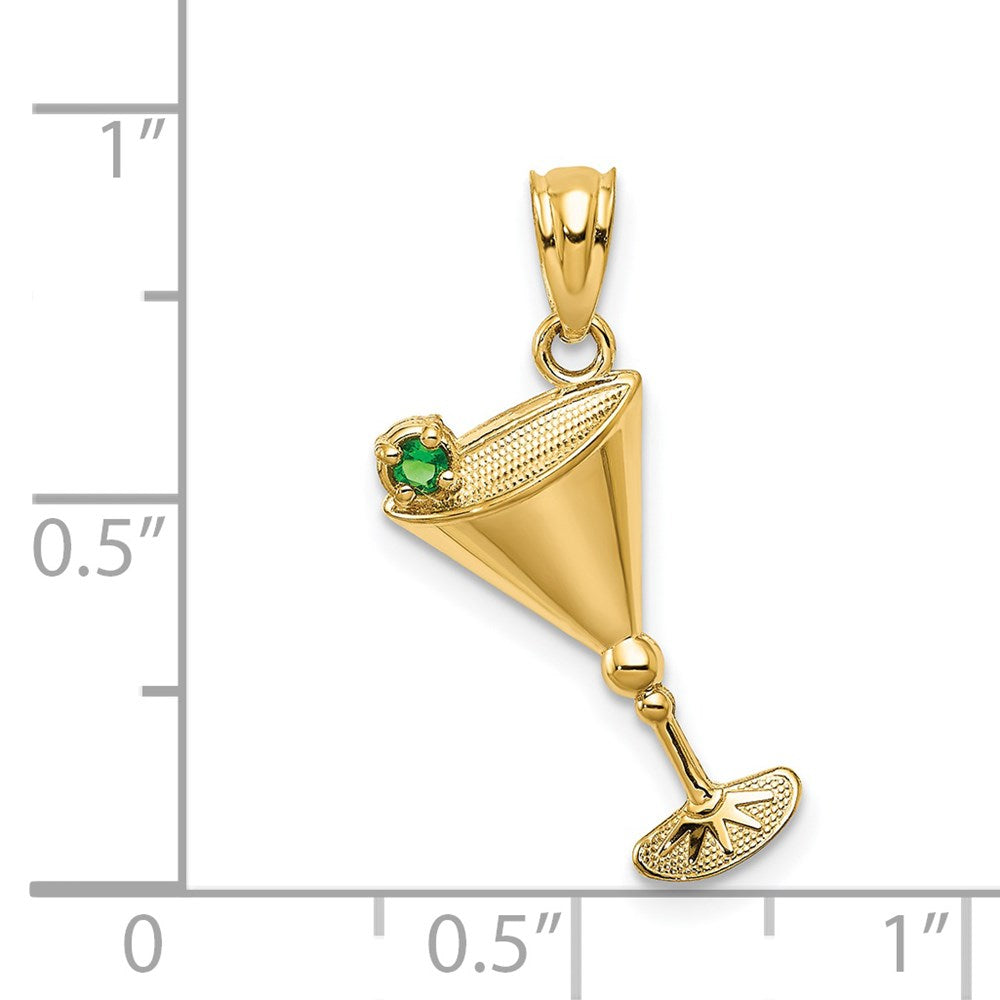 14k Yellow Gold 10 mm Martini Glass with Green CZ Olive Pendant (0.56 grams)