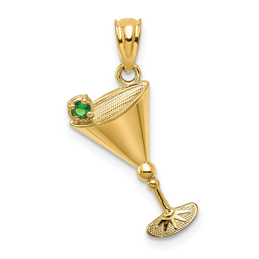 14k Yellow Gold 10 mm Martini Glass with Green CZ Olive Pendant (0.56 grams)