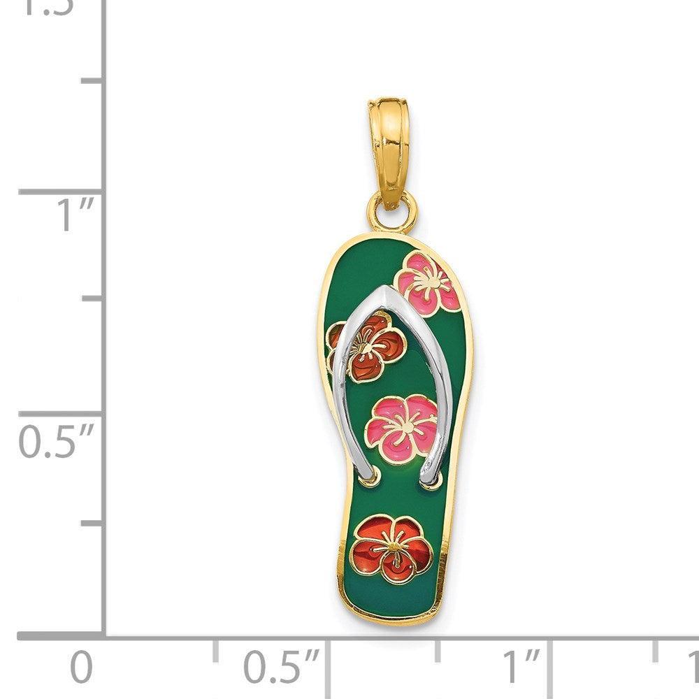 14k Yellow & Rhodium 9 mm 3D Enameled Flowers On Green Flip Flop Pendant (1.8 grams)