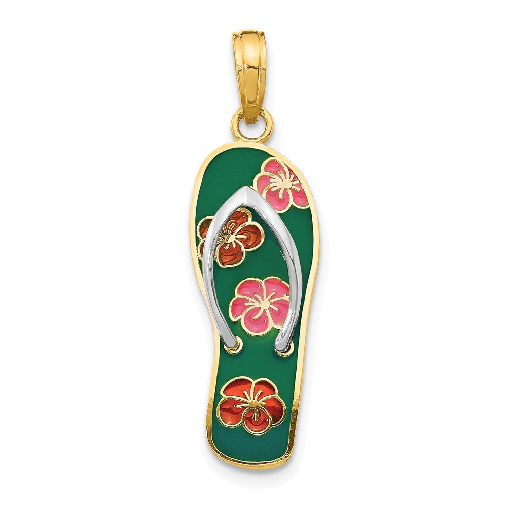14k Yellow & Rhodium 9 mm 3D Enameled Flowers On Green Flip Flop Pendant (1.8 grams)