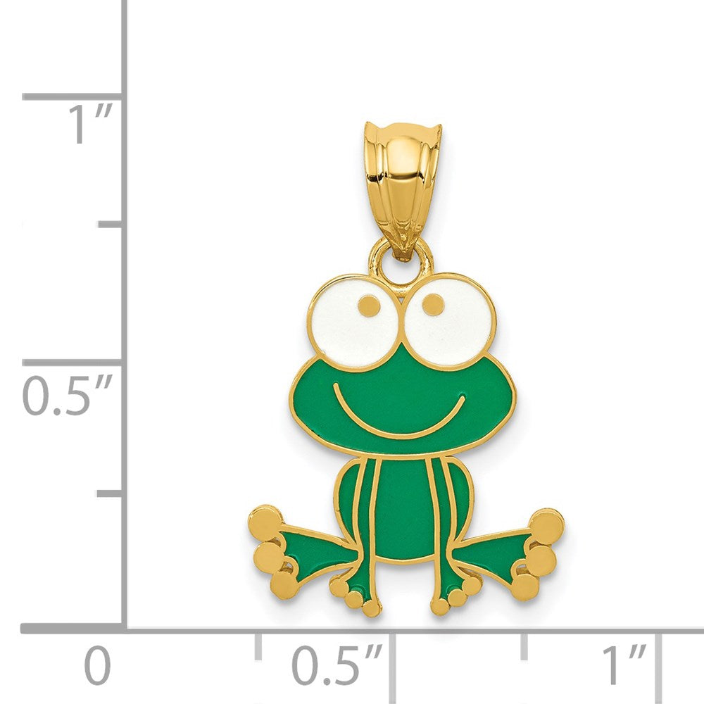14k Yellow Gold 15 mm Green and White Enameled Frog
