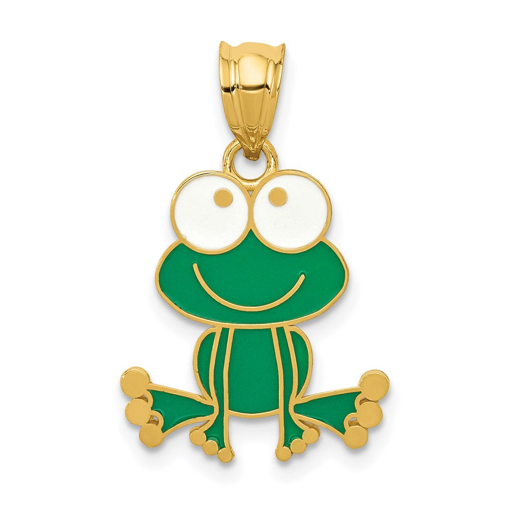14k Yellow Gold 15 mm Green and White Enameled Frog (1.02 grams)