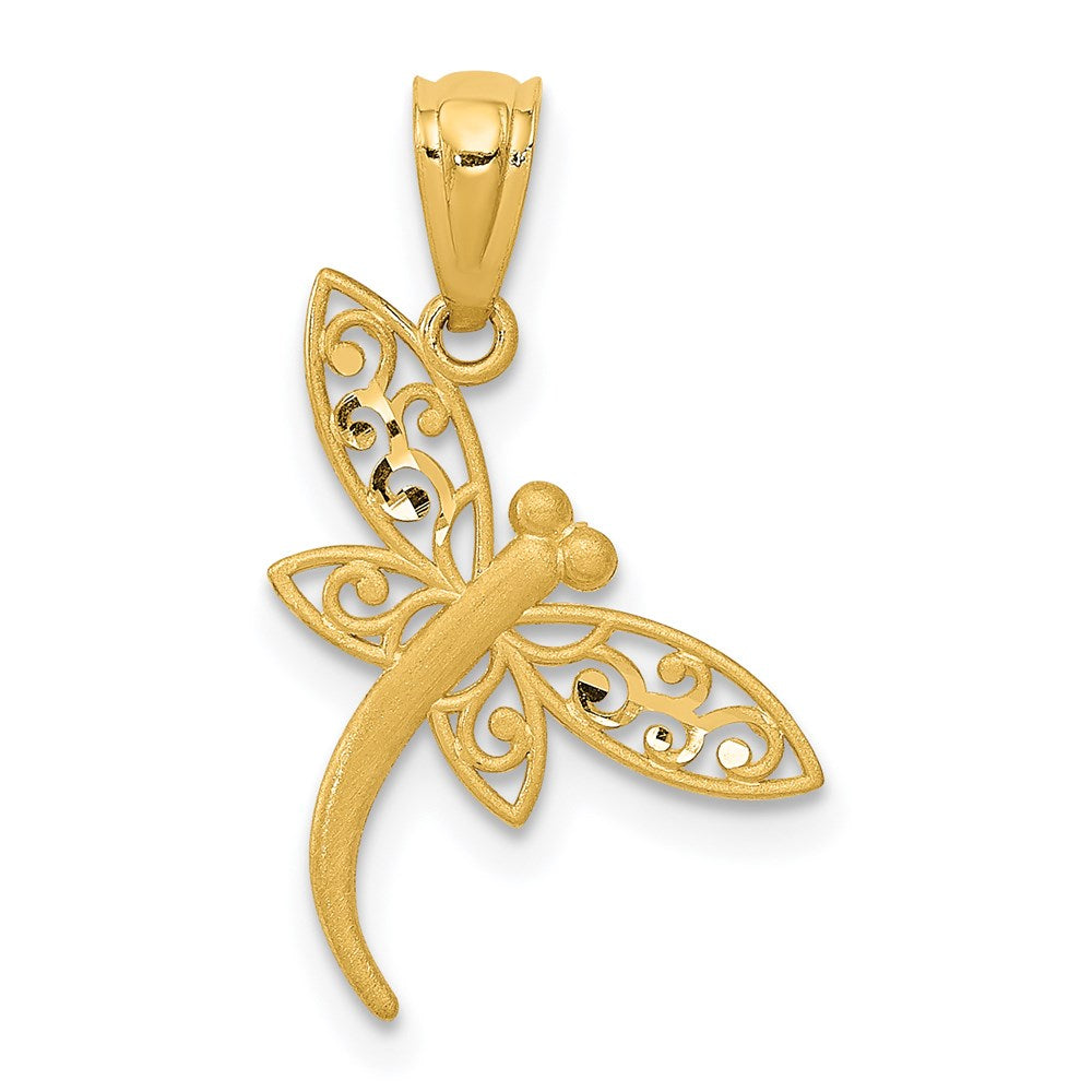 14k Yellow Gold 13 mm Satin Diamond-cut Dragonfly Pendant (0.27 grams)