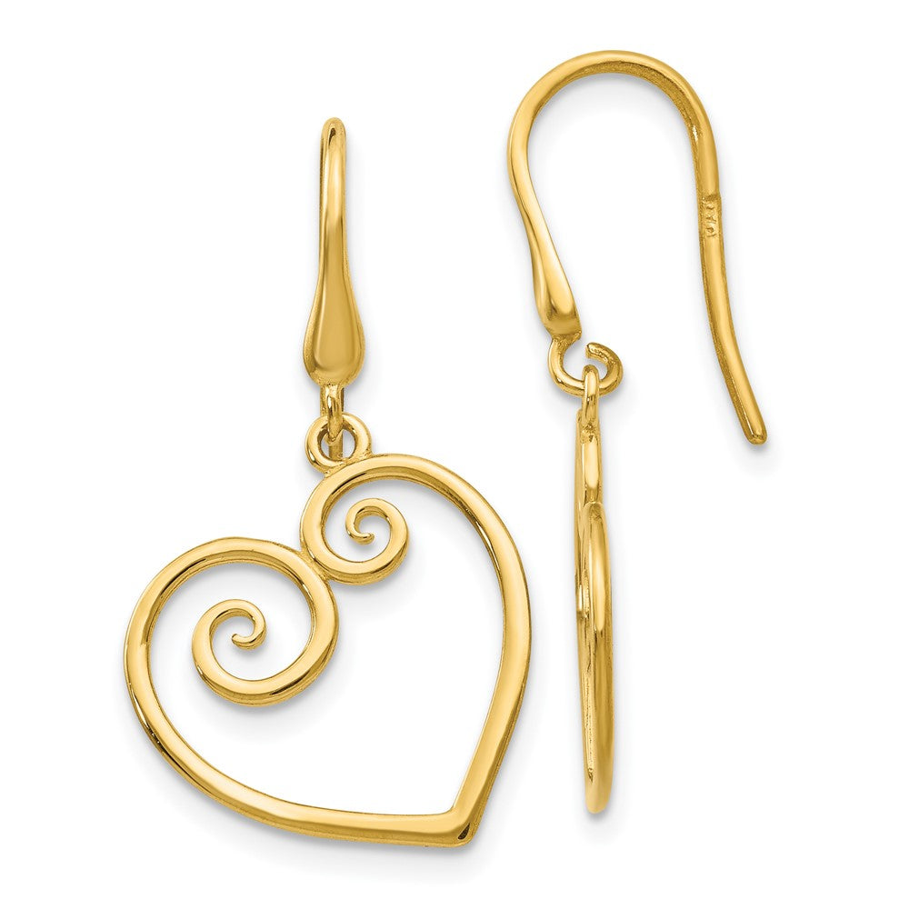 14k Yellow Gold 16 mm Heart Dangle Shepherd Hook Earrings (1.67 grams)