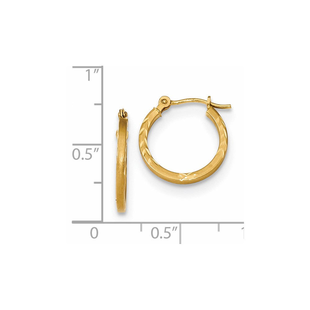 14k Yellow Gold 14.7 mm Satin and Polished Diamond Cut Design Hoops (0.57 grams)