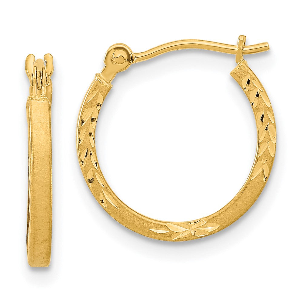14k Yellow Gold 14.7 mm Satin and Polished Diamond Cut Design Hoops (0.57 grams)