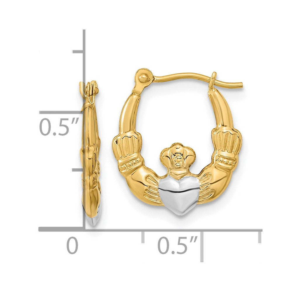 14k Yellow & Rhodium 16.3 mm Polished Claddagh Hoops (0.7 grams)