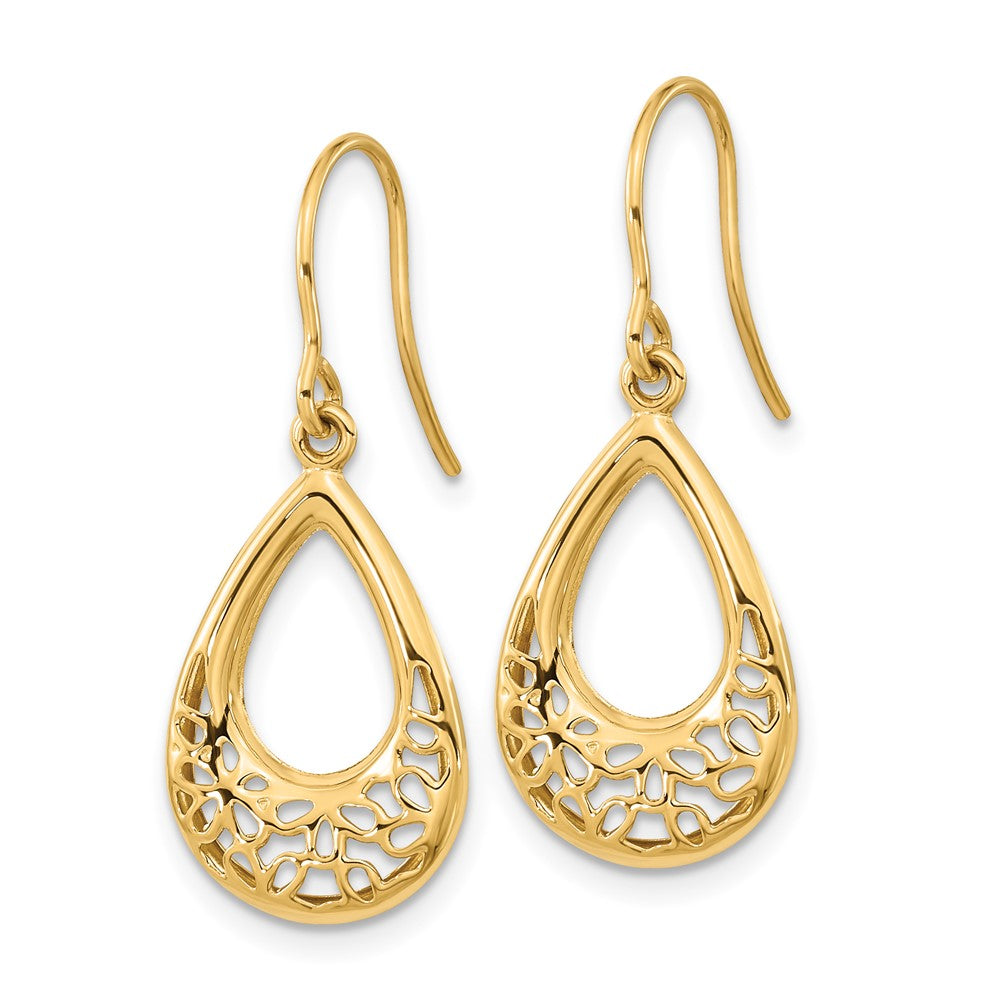 14k Yellow Gold 12.5 mm Polished Floral Teardrop Shepherd Hook Earrings (0.99 grams)