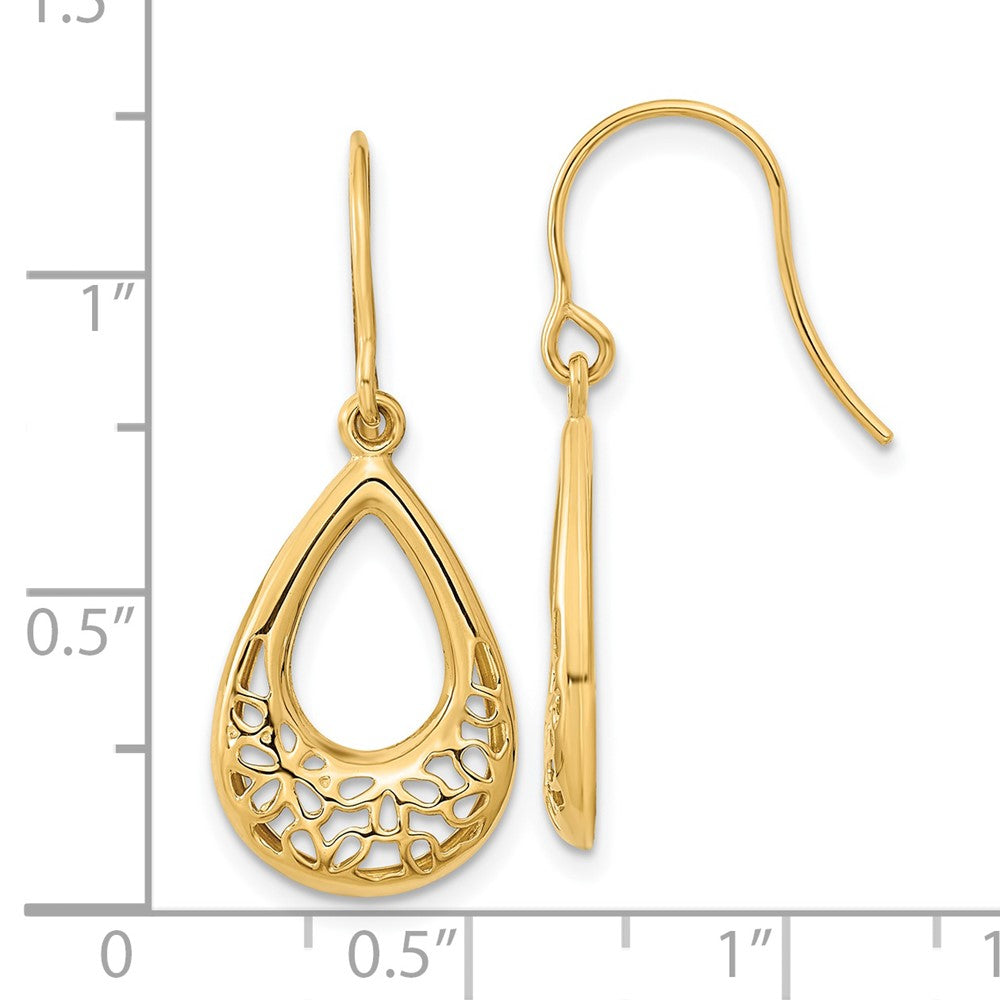 14k Yellow Gold 12.5 mm Polished Floral Teardrop Shepherd Hook Earrings (0.99 grams)