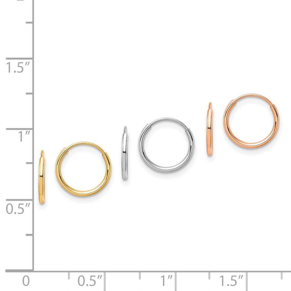 14k Tri-Color 1 mm 4K Tri Color 3-pair Hoop Earrings Set (0.51 grams)
