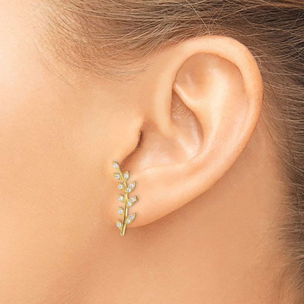 14k Yellow Gold 5.45 mm CZ Fern Ear Climber Earrings (1.01 grams)