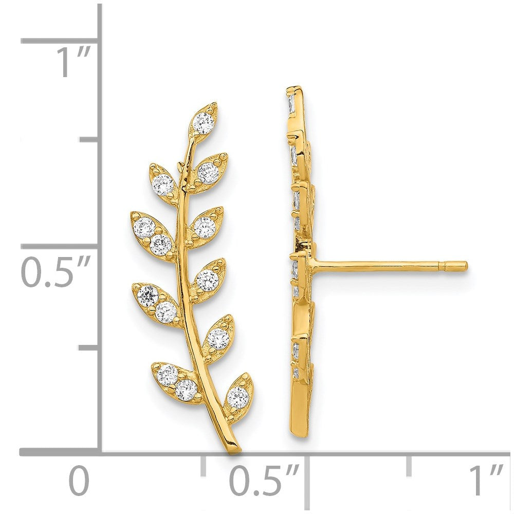 14k Yellow Gold 5.45 mm CZ Fern Ear Climber Earrings (1.01 grams)