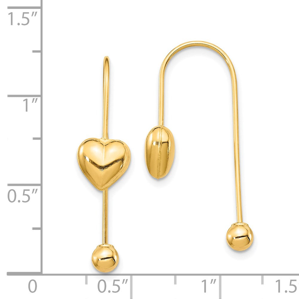 14k Yellow Gold 7.8 mm Puffed Heart w/Screw End Threader Earrings (0.41 grams)