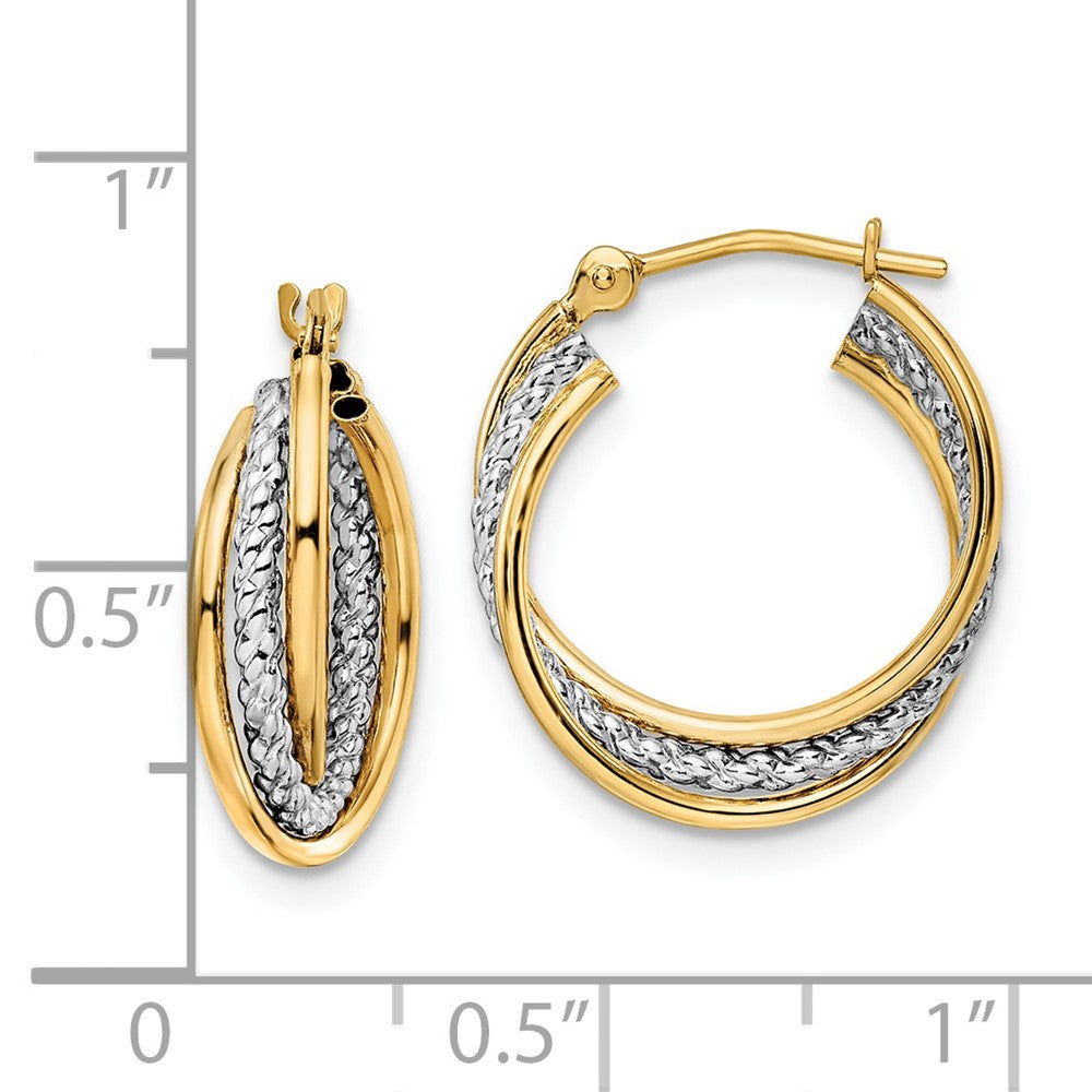 14k Yellow & Rhodium 16.5 mm Polished Textured Hoops (1.14 grams)