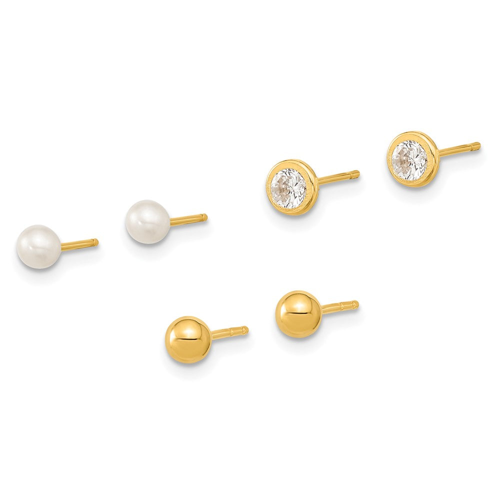 14k Yellow Gold 3.5 mm Polished Set of Ball Post Pearl and CZ Bezel 3 Pair Earrings Set (0.9 grams)