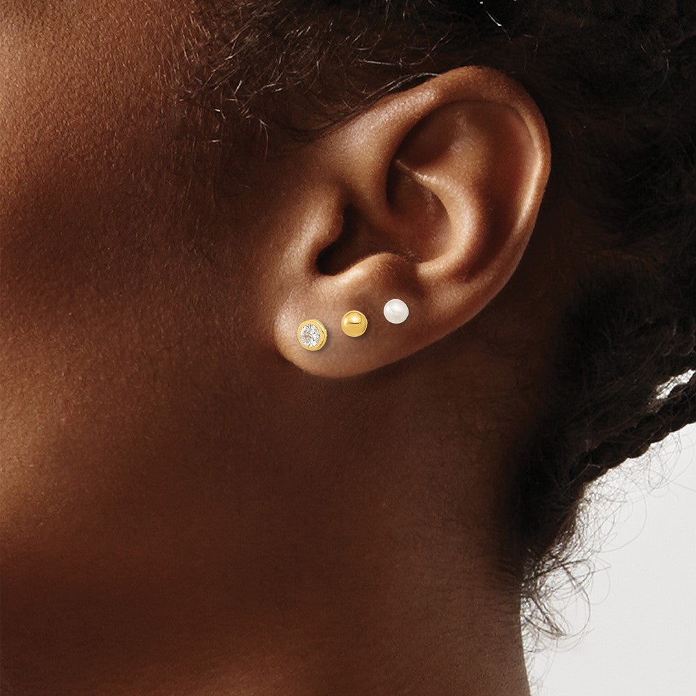 14k Yellow Gold 3.5 mm Polished Set of Ball Post Pearl and CZ Bezel 3 Pair Earrings Set (0.9 grams)