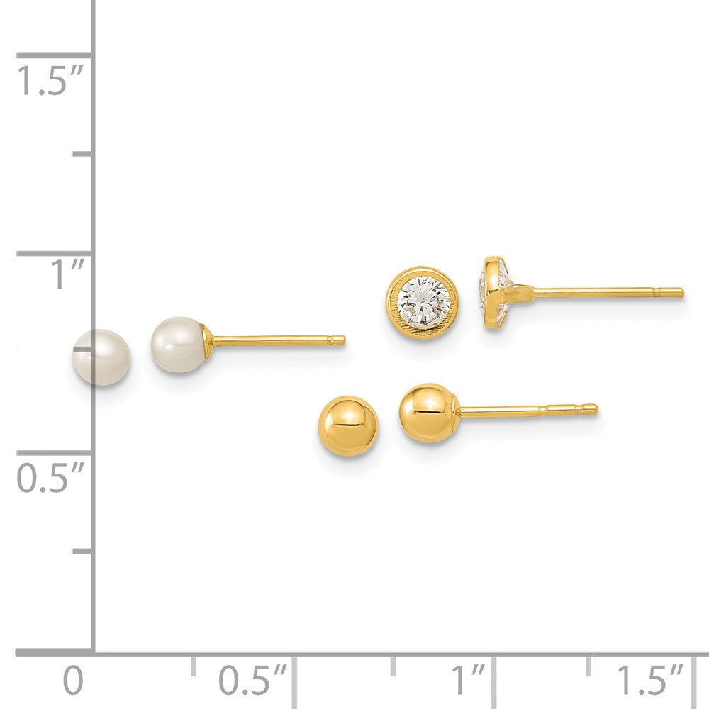 14k Yellow Gold 3.5 mm Polished Set of Ball Post Pearl and CZ Bezel 3 Pair Earrings Set (0.9 grams)