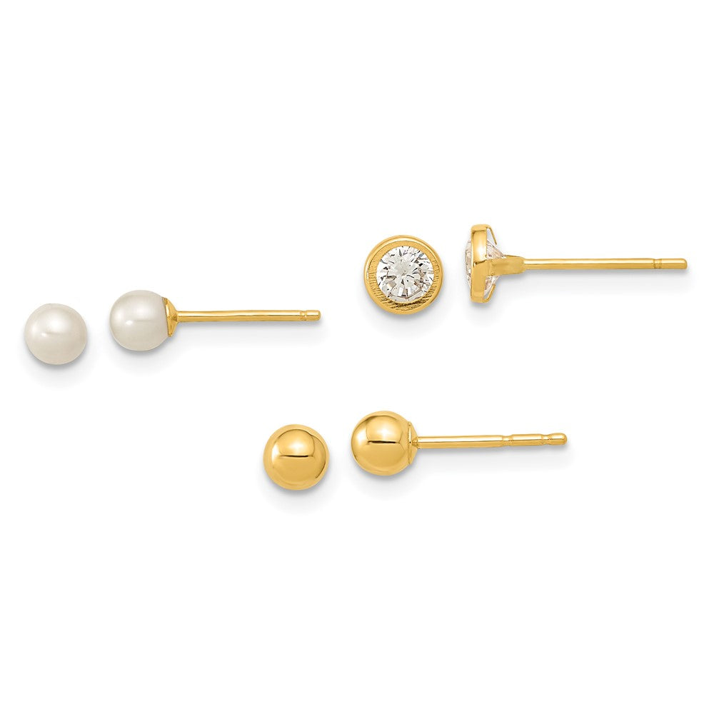 14k Yellow Gold 3.5 mm Polished Set of Ball Post Pearl and CZ Bezel 3 Pair Earrings Set (0.9 grams)