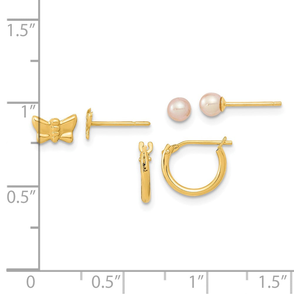 14k Yellow Gold 7 mm Butterfly FW Cultured Pearl and Hoop 3 Pair Earrings Set (0.71 grams)