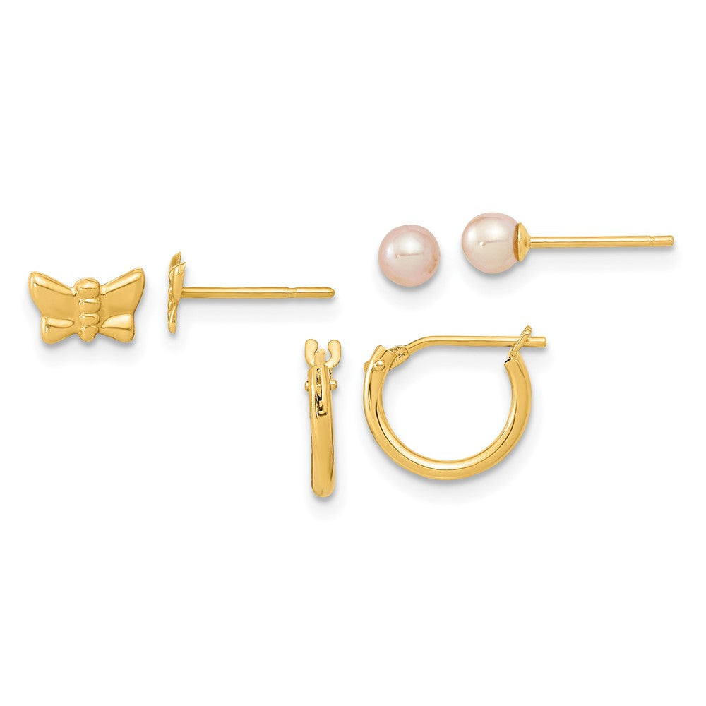 14k Yellow Gold 7 mm Butterfly FW Cultured Pearl and Hoop 3 Pair Earrings Set (0.71 grams)