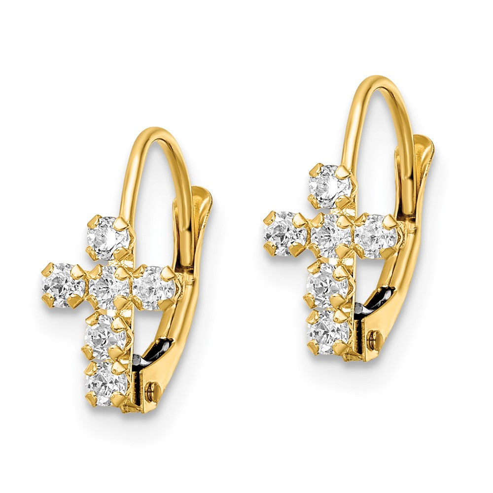 14k Yellow Gold 6.7 mm CZ Polished Leverback Cross Earrings (0.86 grams)