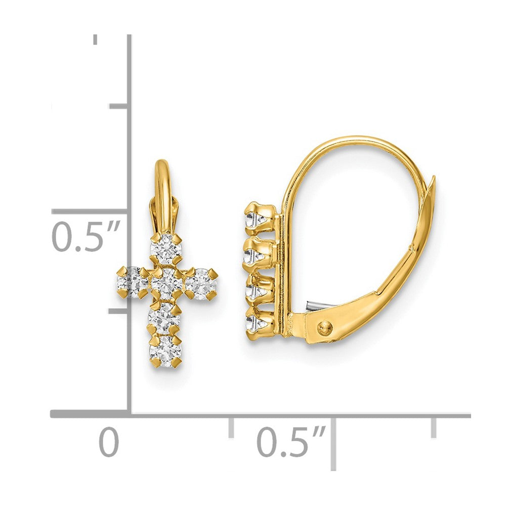 14k Yellow Gold 6.7 mm CZ Polished Leverback Cross Earrings (0.86 grams)