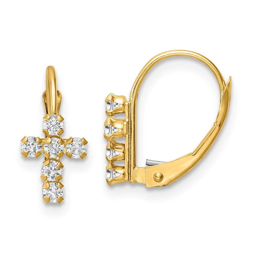 14k Yellow Gold 6.7 mm CZ Polished Leverback Cross Earrings (0.86 grams)