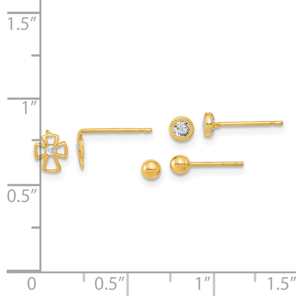 14k Yellow Gold 5 mm Polished Set of Ball Post Cross and CZ Bezel 3 Pair Earrings Set (0.73 grams)