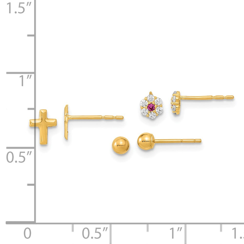 14k Yellow Gold 4.68 mm Polished Set of Ball Post CZ Flowers and Cross 3 Pair Earrings Set (0.68 grams)