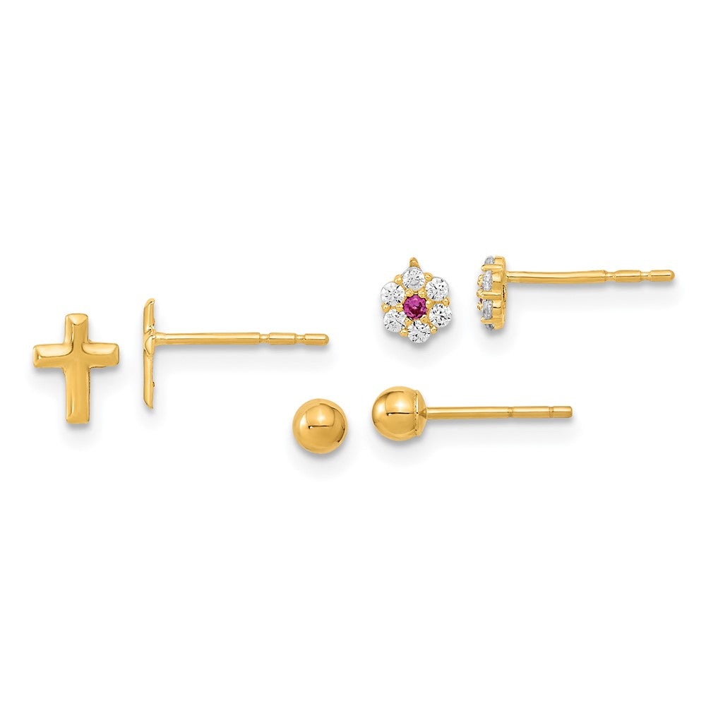 14k Yellow Gold 4.68 mm Polished Set of Ball Post CZ Flowers and Cross 3 Pair Earrings Set (0.68 grams)
