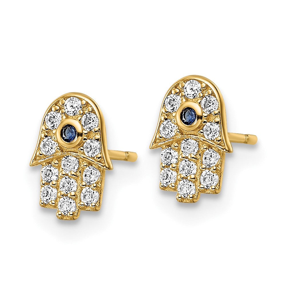 14k Yellow Gold 5.75 mm CZ & Blue Glass Stone Hamsa Post Earrings (0.67 grams)