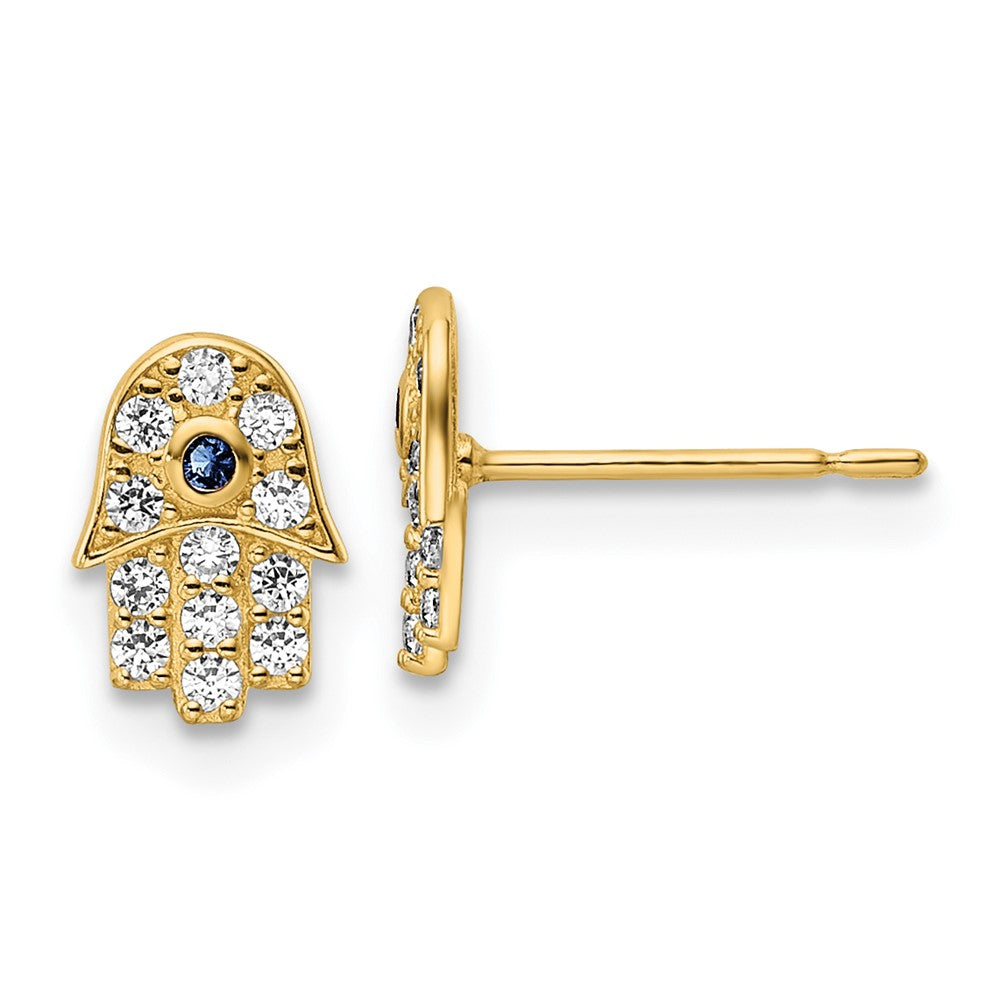 14k Yellow Gold 5.75 mm CZ & Blue Glass Stone Hamsa Post Earrings (0.67 grams)