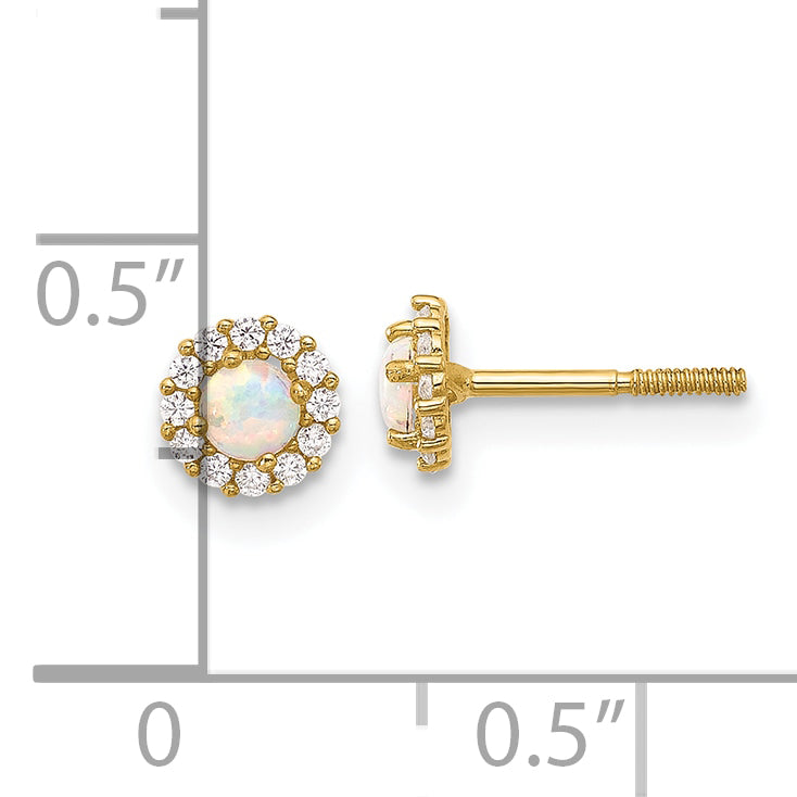 14K Polished CZ and Created Opal Circle Screwback Post Earrings (0.48 grams)