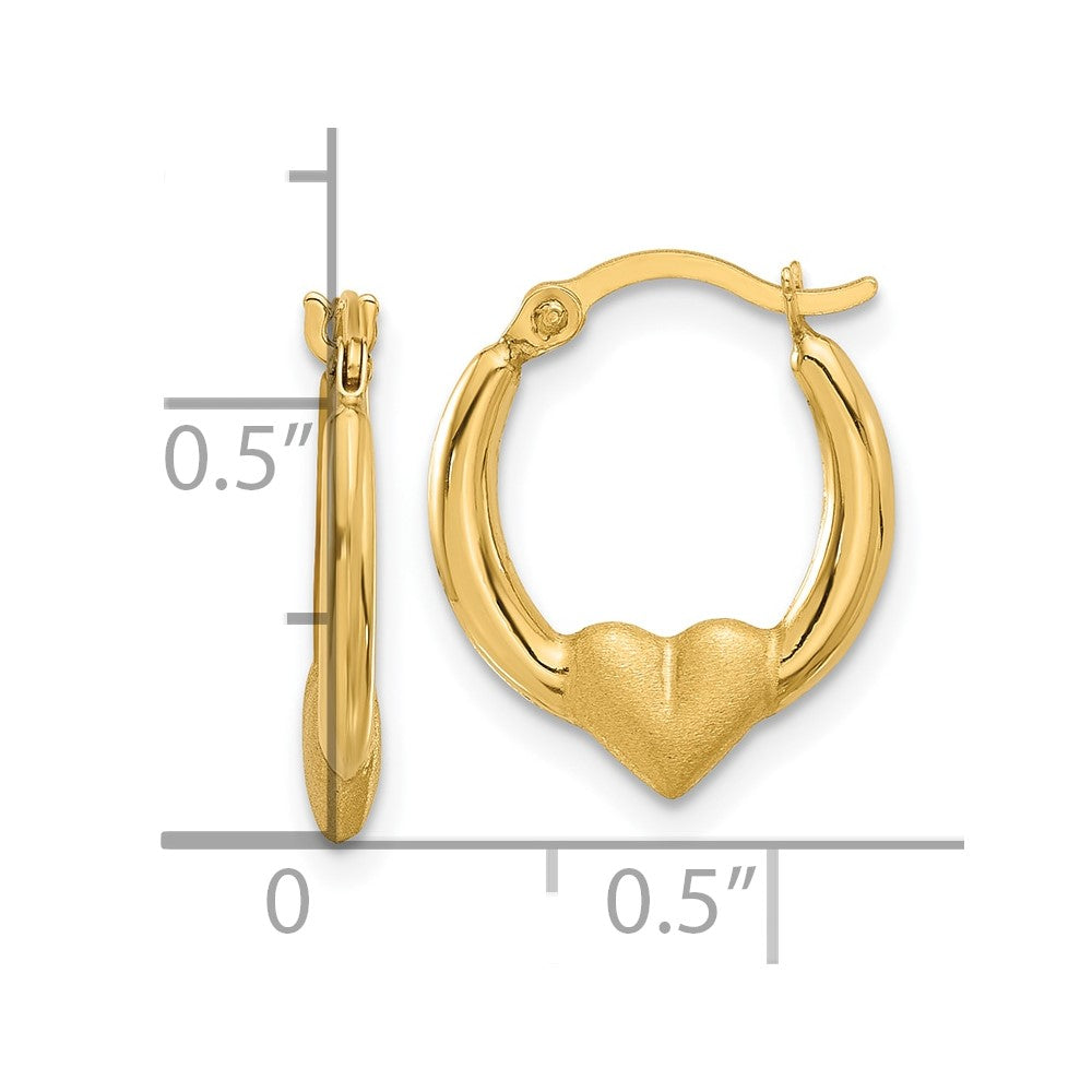 14k Yellow Gold 13.7 mm Polished and Satin Heart Hoop Earrings (0.41 grams)