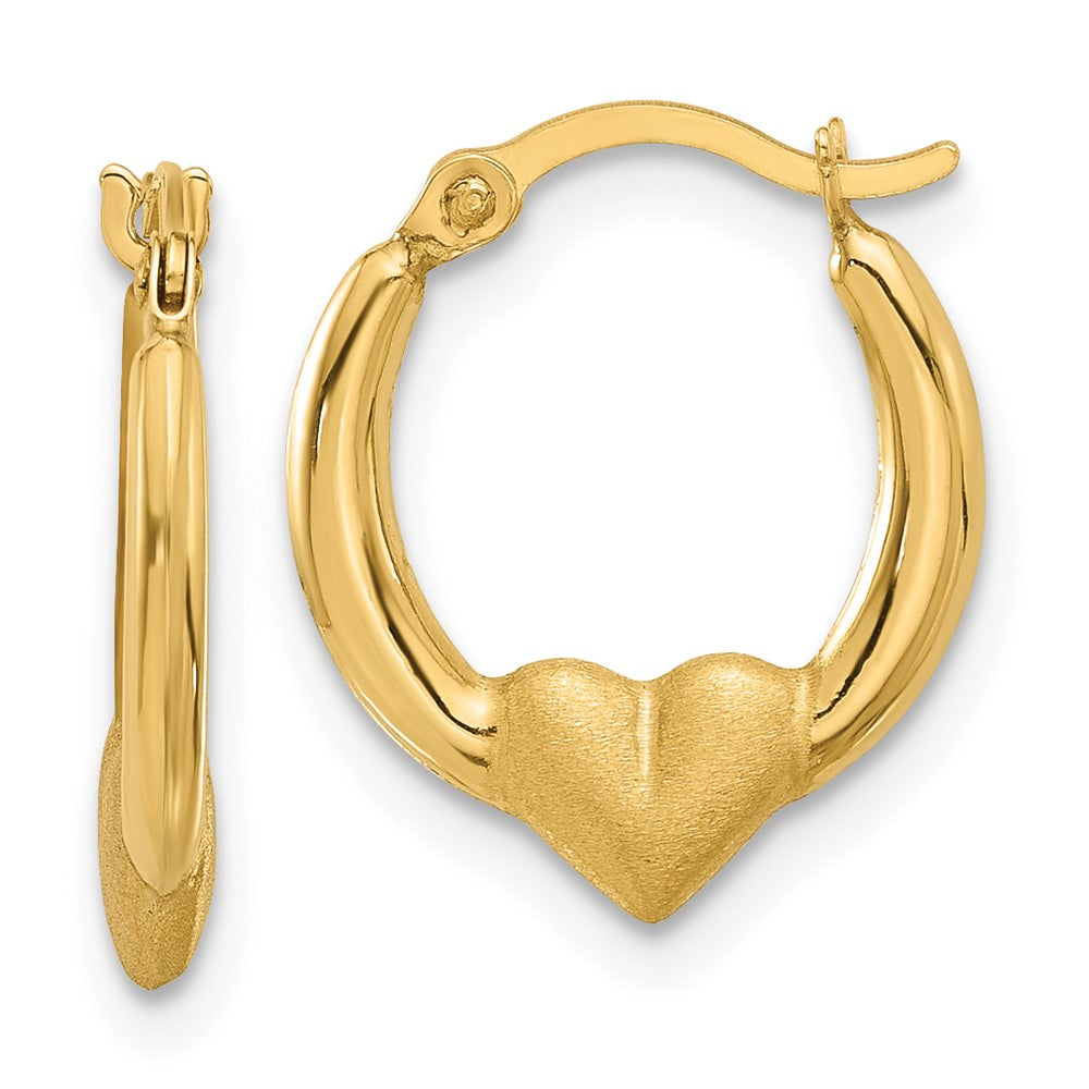 14k Yellow Gold 13.7 mm Polished and Satin Heart Hoop Earrings (0.41 grams)