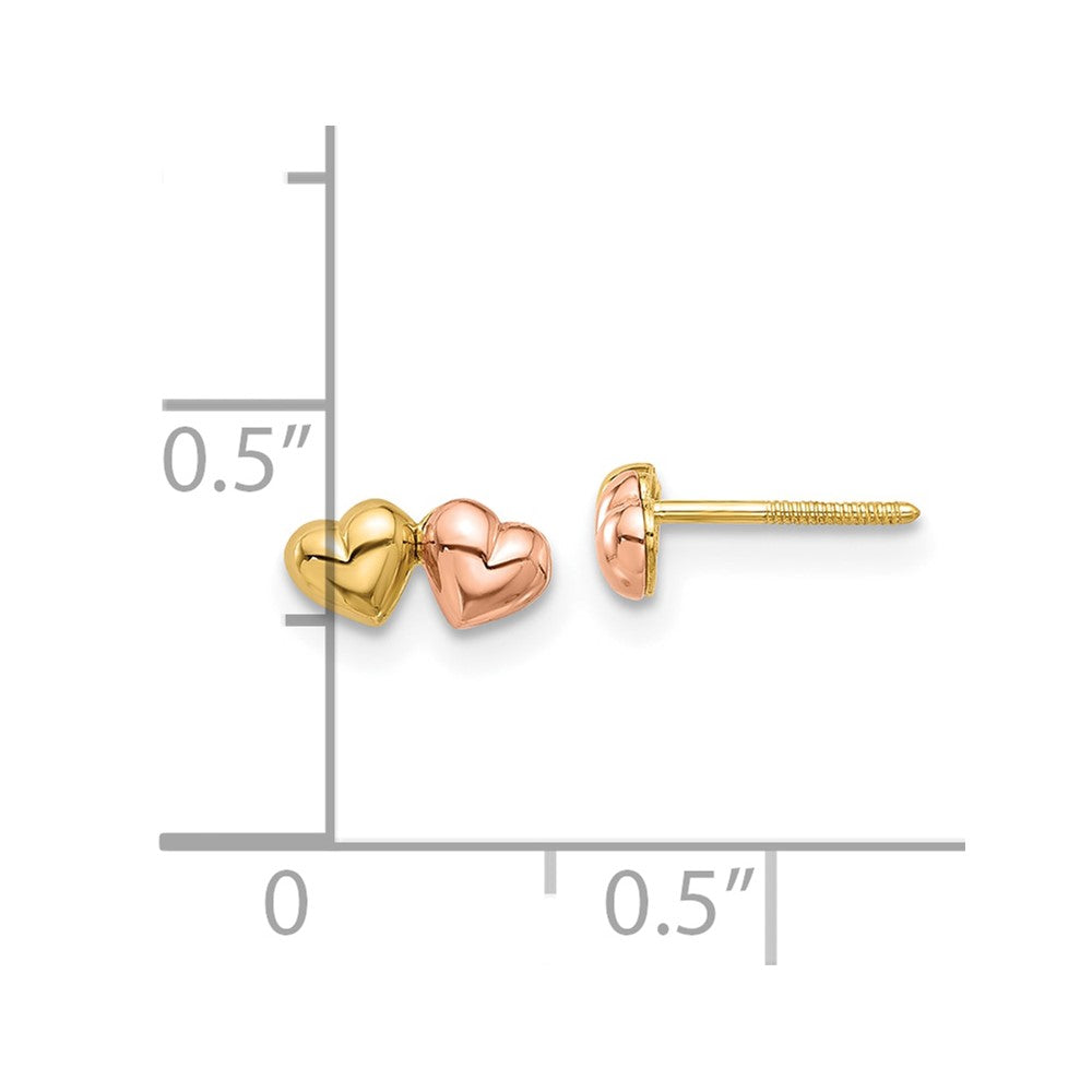 14k Two-tone 7.8 mm Two-tone Double Hearts Screwback Post Earrings (0.68 grams)