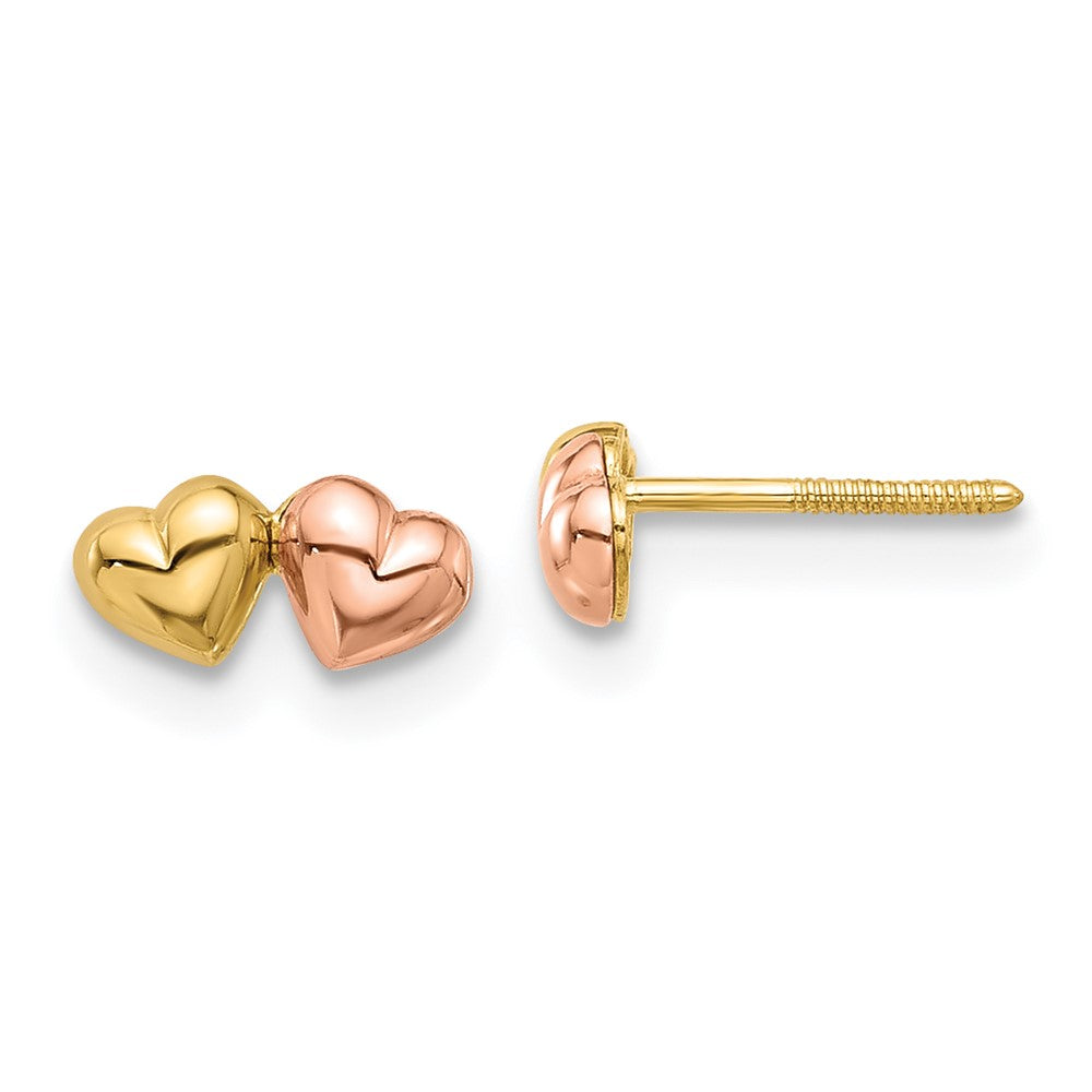 14k Two-tone 7.8 mm Two-tone Double Hearts Screwback Post Earrings (0.68 grams)