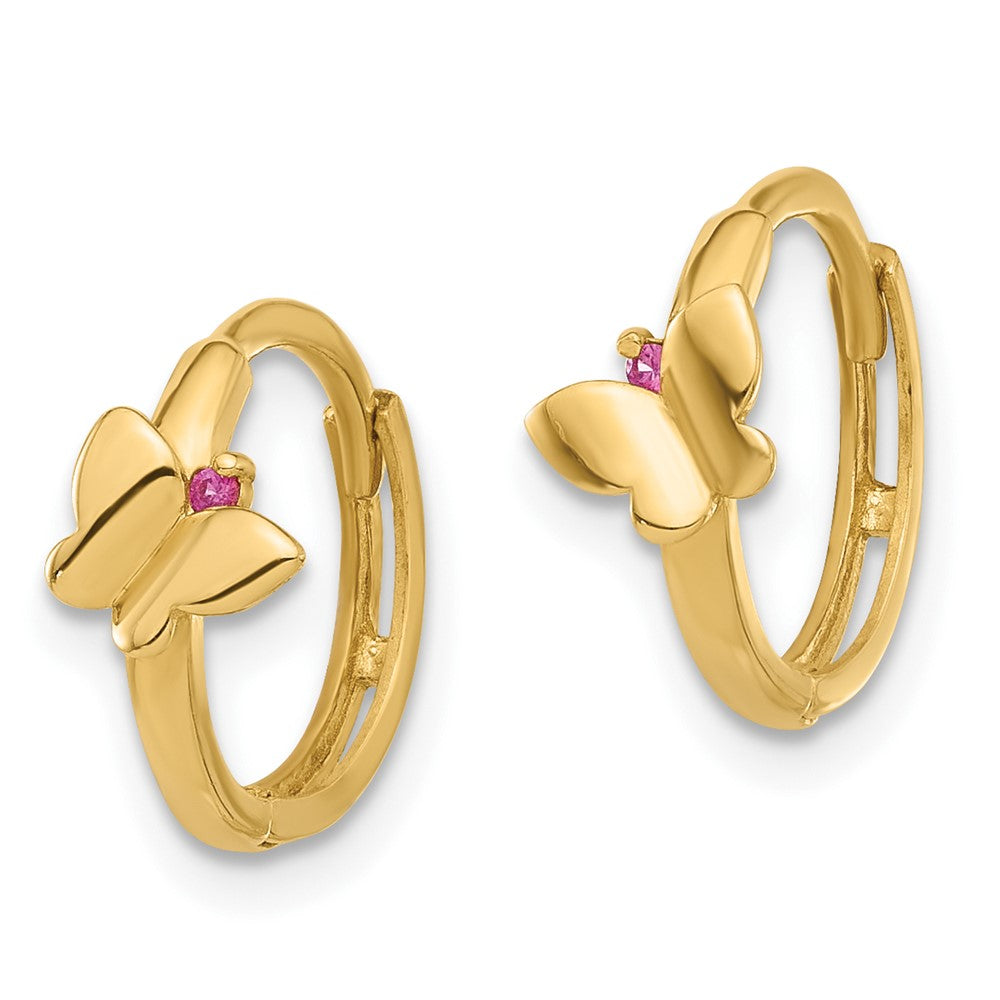 14k Yellow Gold 5.6 mm Polished Pink CZ Butterfly Hinged Hoop Earrings (1 grams)