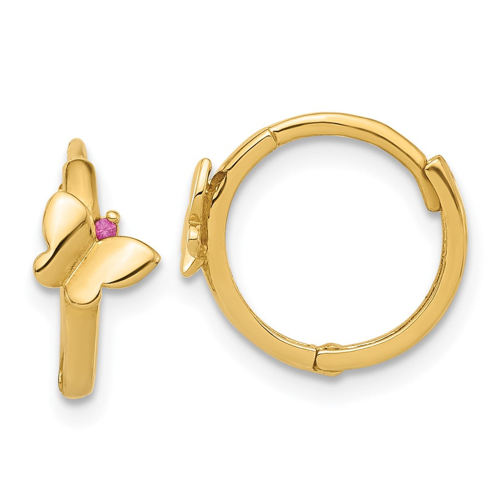 14k Yellow Gold 5.6 mm Polished Pink CZ Butterfly Hinged Hoop Earrings (1 grams)