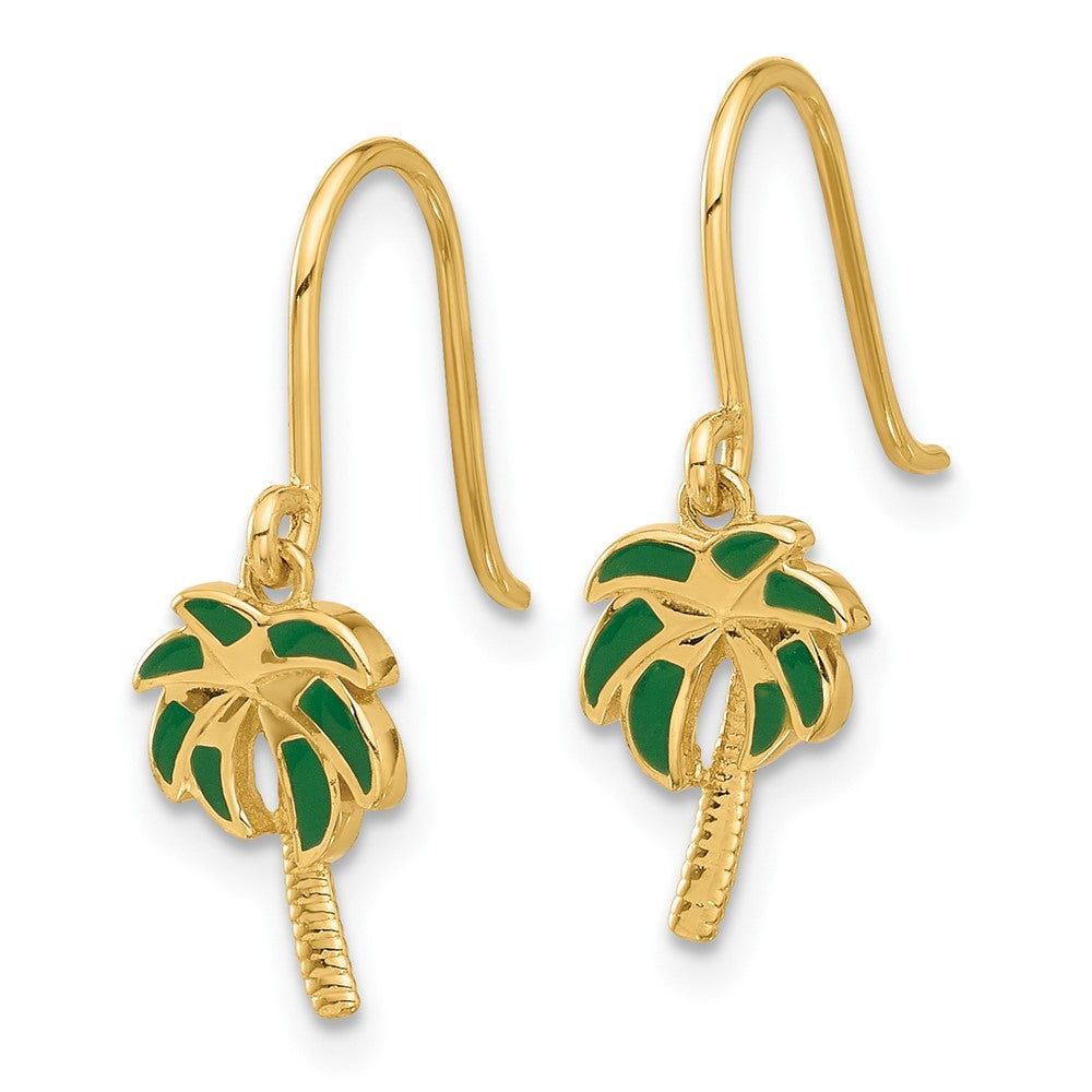 14k Yellow Gold 7.5 mm Polished Green Enameled Palm Tree Shepherd Hook Dangle Earrings (1.28 grams)