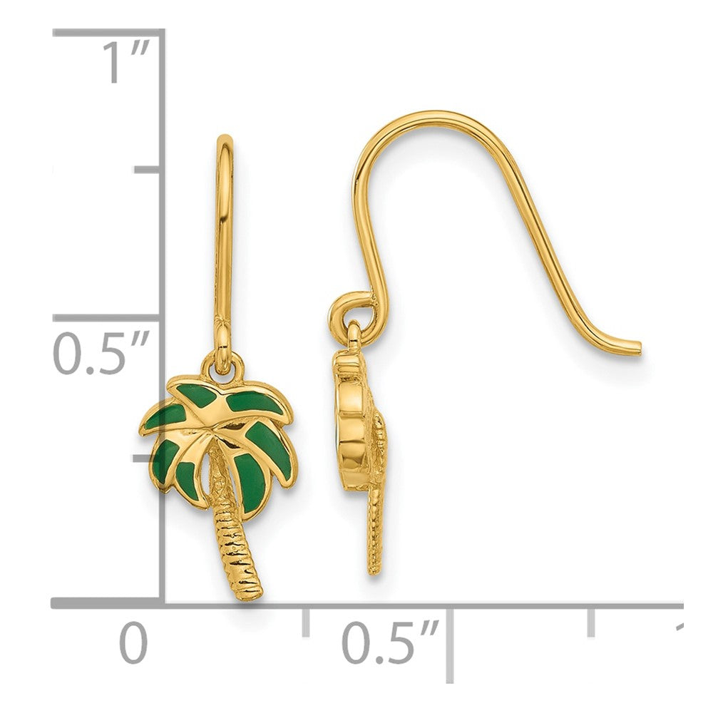 14k Yellow Gold 7.5 mm Polished Green Enameled Palm Tree Shepherd Hook Dangle Earrings (1.28 grams)